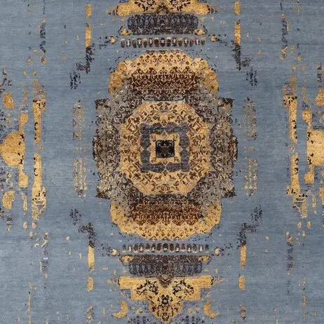 Transitional Hand Knotted Rug Wool & silk Germen Dye Pagoda Design India(343×253)cm, sky blue pagoda design rug, close-up detail 2