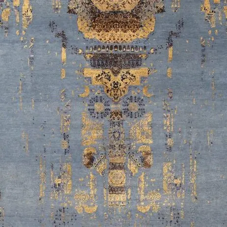 Transitional Hand Knotted Rug Wool & silk Germen Dye Pagoda Design India(343×253)cm, sky blue pagoda design rug, close-up detail 3