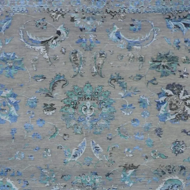 Turquoise Transitional Double Hand Knotted Rug Wool, bamboo Silk India (360 x 270)cm, turquoise transitional rug, close-up detail 1