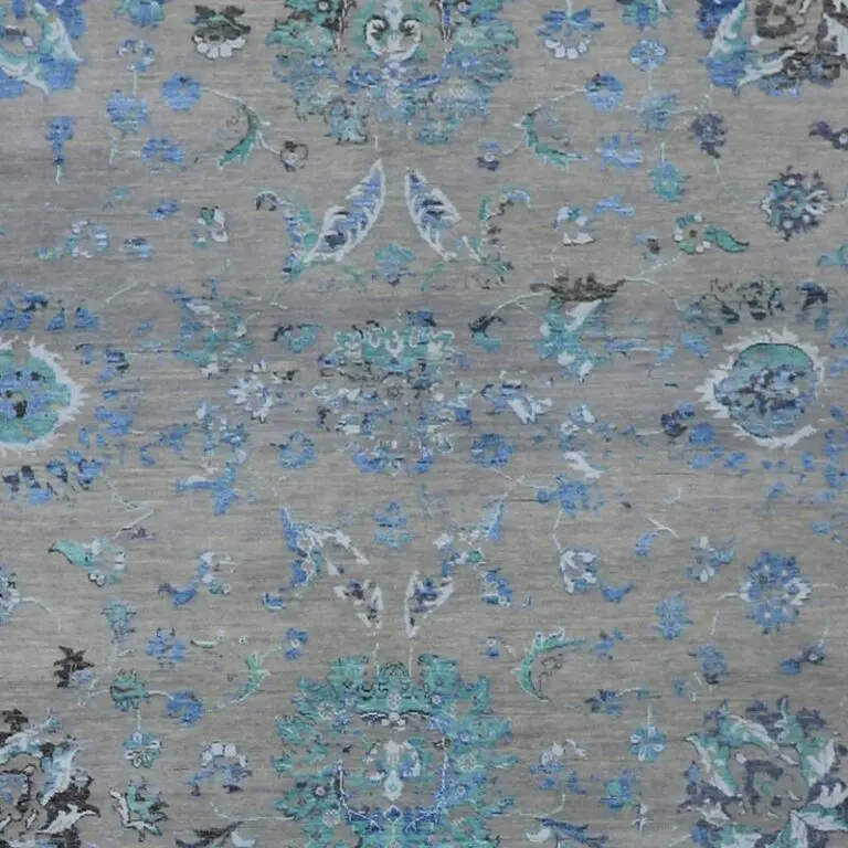 Turquoise Transitional Double Hand Knotted Rug Wool, bamboo Silk India (360 x 270)cm, turquoise transitional rug, close-up detail 2