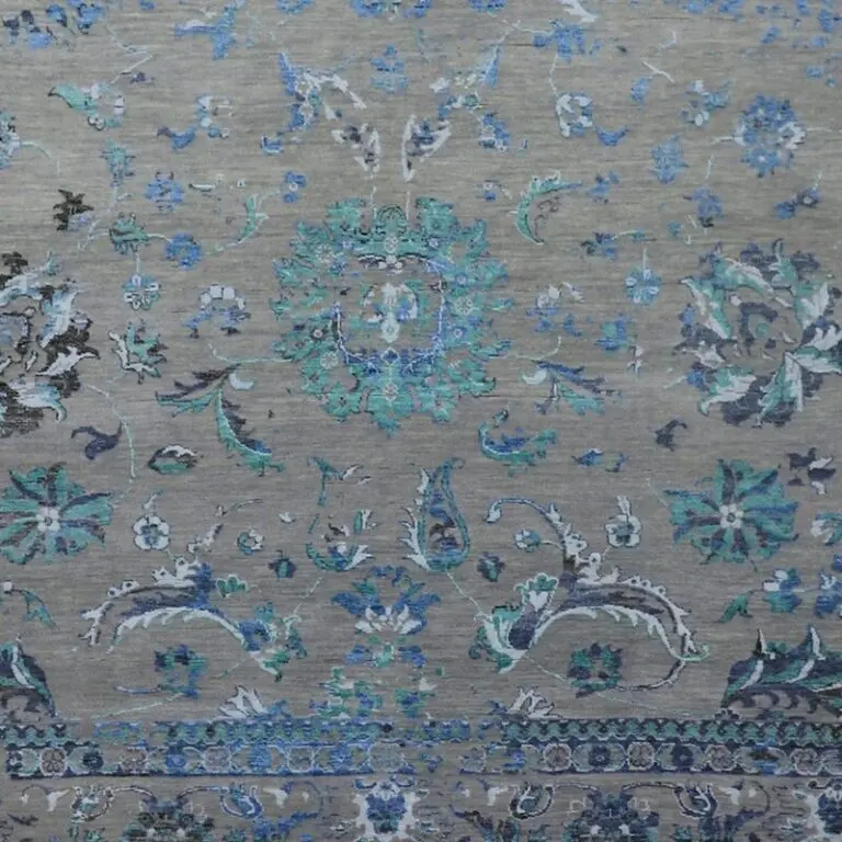 Turquoise Transitional Double Hand Knotted Rug Wool, bamboo Silk India (360 x 270)cm, turquoise transitional rug, close-up detail 3