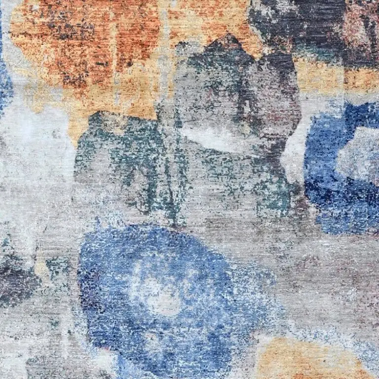 Desert and Sea Luxury Rug, abstract blue wool silk rug, close-up detail 1