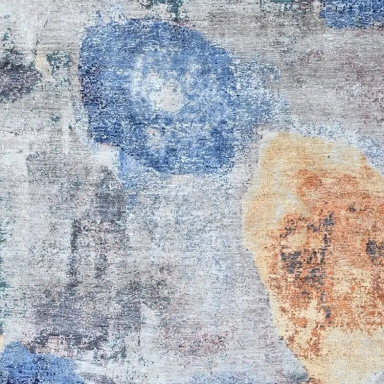 Desert and Sea Luxury Rug, abstract blue wool silk rug, close-up detail 2