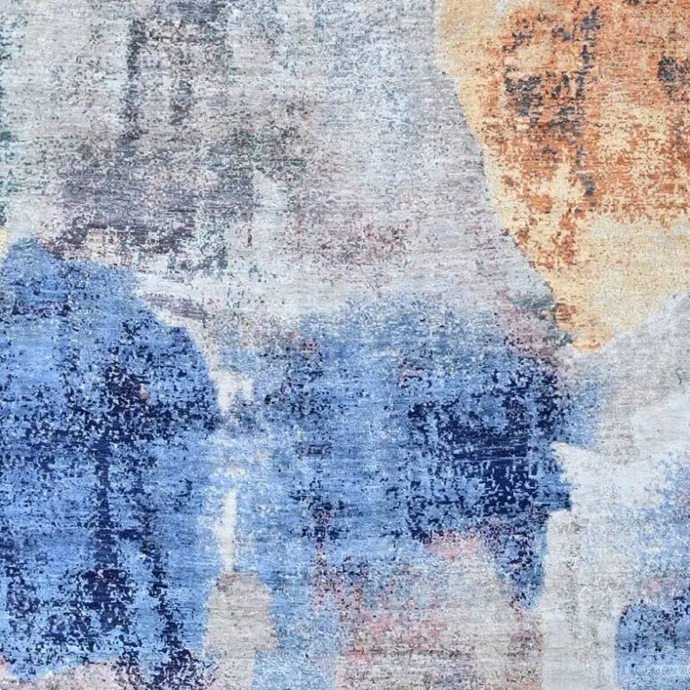 Desert and Sea Luxury Rug, abstract blue wool silk rug, close-up detail 3