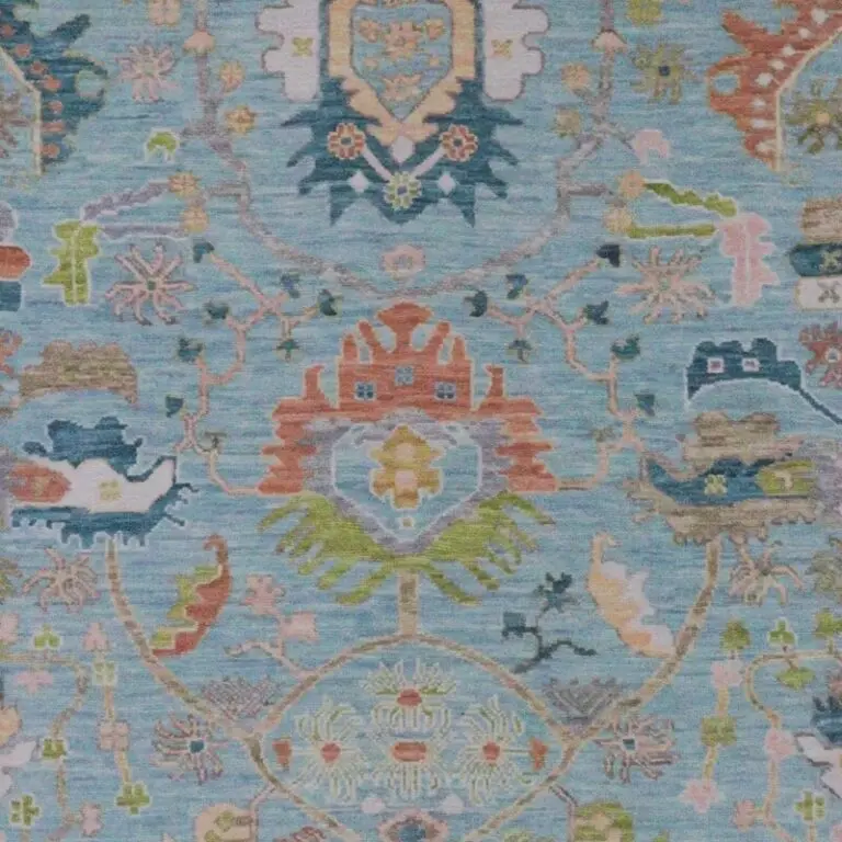 Ocean Garden, hand knotted tribal wool rug, close-up detail 1