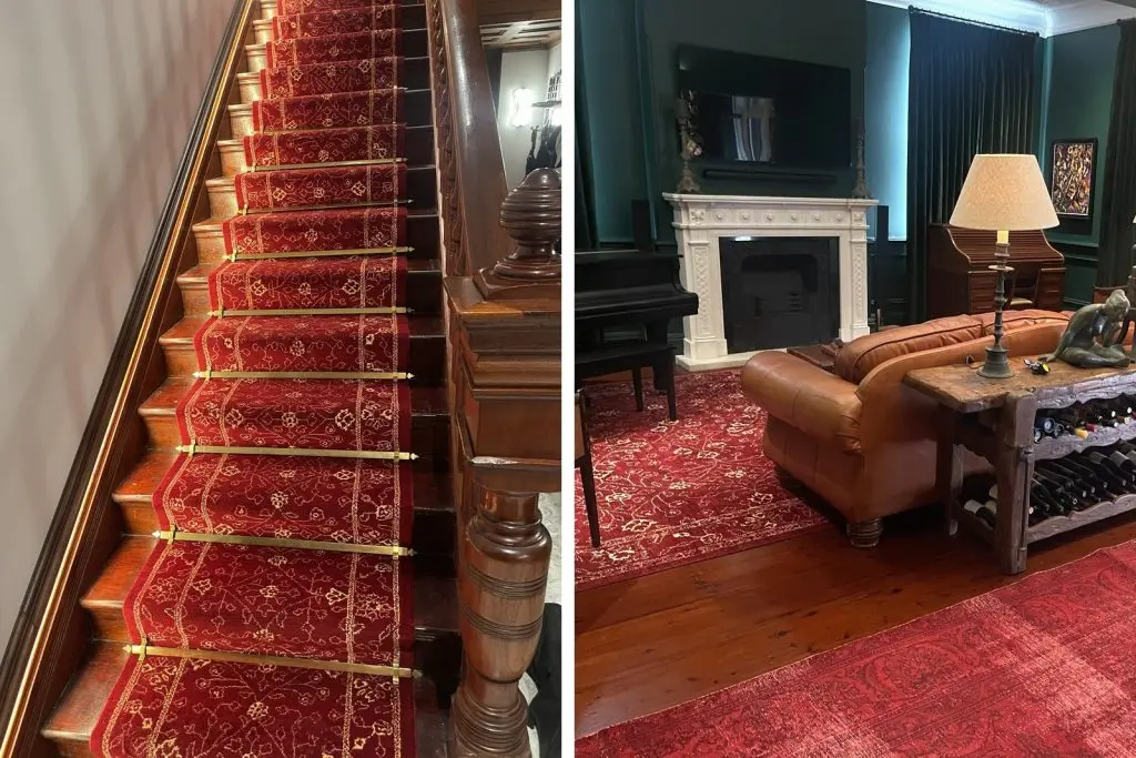 Custom made red rugs by Sarabi's Fine Rugs Sydney - hand-knotted stair runner with brass rods, and a red Persian-style room rug