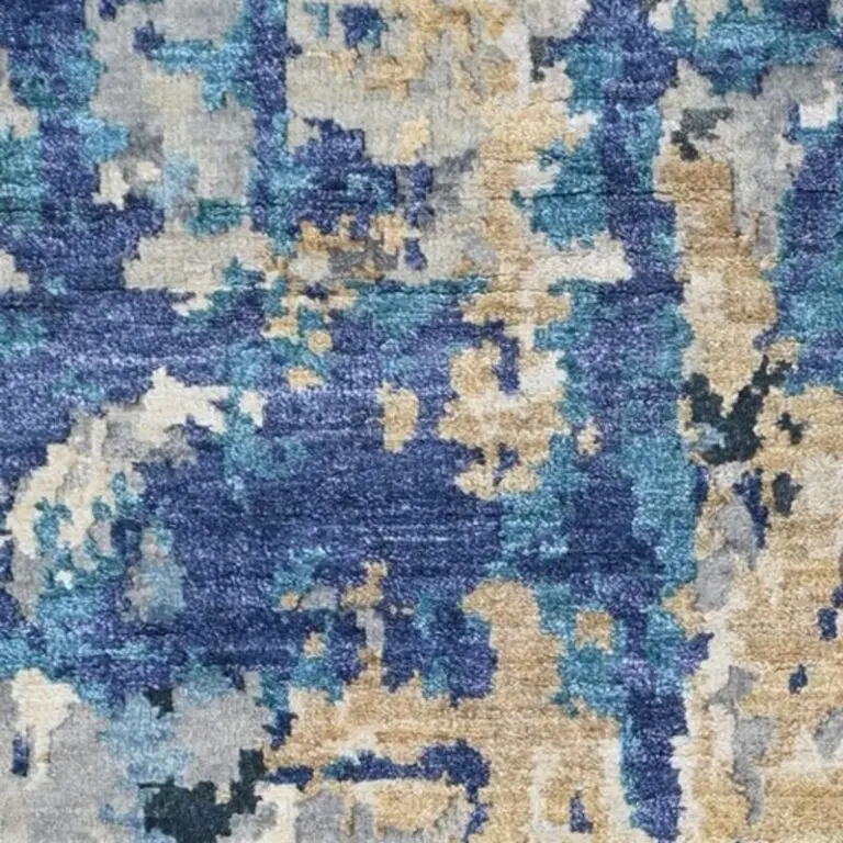 Ocean Shore Rug, blue and gold abstract rug, close-up of the hand knotted pile, detail 1