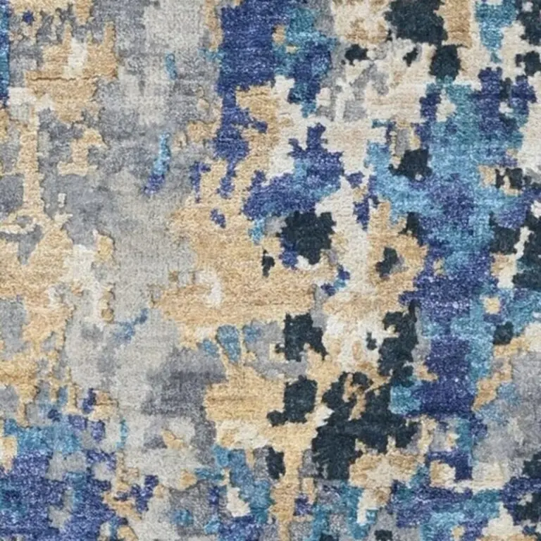 Ocean Shore Rug, blue and gold abstract rug, close-up of the hand knotted pile, detail 2