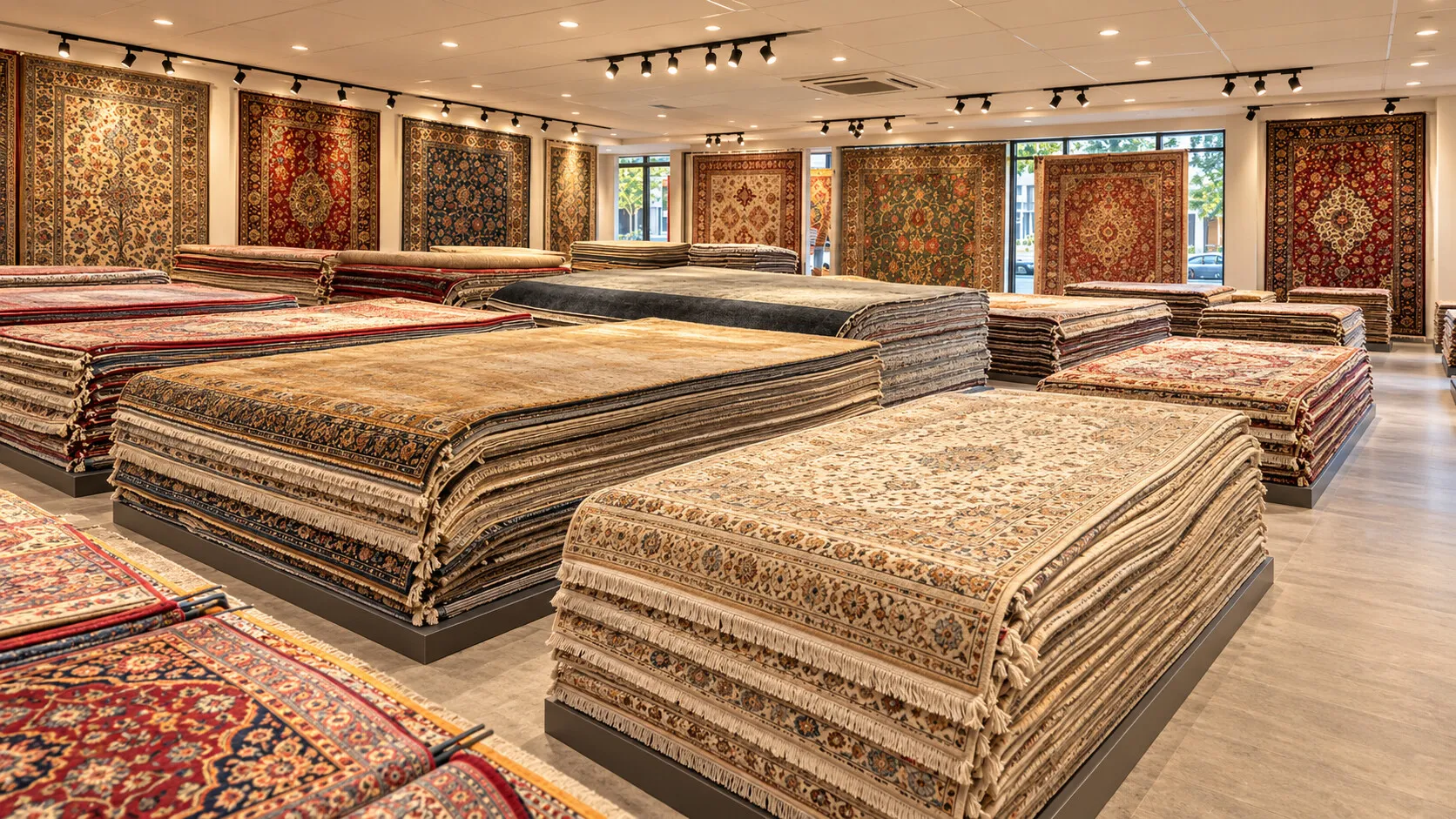 Inside the Sarabi's Fine Rugs showroom in North Willoughby: stacks of handmade rugs under spotlights, with rugs hanging on the walls