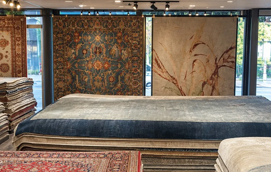 Rugs hanging on the wall of the Sarabi's showroom in North Willoughby